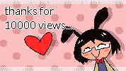 pixel art of alayna, a large cartoon heart, with a background shadow and pink polka-dot background. there is subtle lace on the top and bottom, and text that reads thanks for 10000 views.... in the top left.